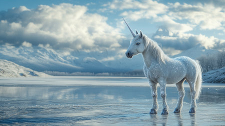 White unicorn on frozen lake in winter, Iceland. Panoramic image.の写真素材