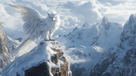 Snowy owl in the mountains. Panoramic view of snowy mountainsの写真素材