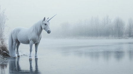 White unicorn standing in a foggy winter landscape with a frozen lakeの写真素材