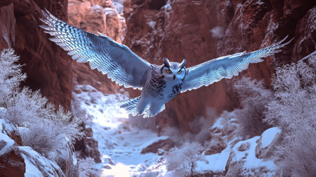Snowy eagle owl flying in winter forest. 3D rendering.の写真素材