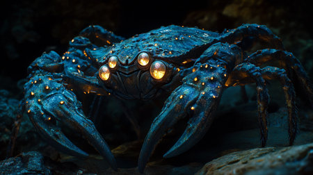 Close up of a blue crab with eyes glowing in the darkの素材