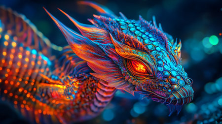 Close-up of a dragon's head in neon light. 3D renderingの写真素材