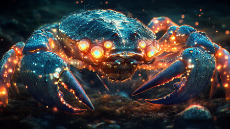 3D rendering of a blue crab in the ocean, with glowing eyesの写真素材