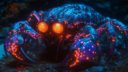 A closeup shot of a spiny scorpion with red and blue lightsの写真素材