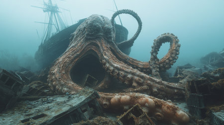 Wreck of an old sunken ship in the sea with octopusの写真素材