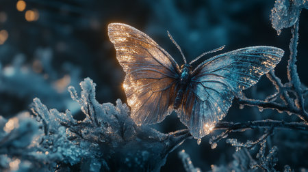 Beautiful butterfly on a background of hoarfrost. Macro.の写真素材