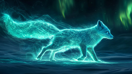 Fantasy digital illustration of an arctic fox in a dark spaceの写真素材