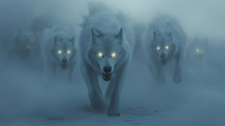 A pack of wolves in a foggy forest. 3D renderingの写真素材