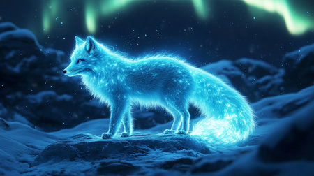 Illustration of a white fox in a snowy landscape with aurora borealisの写真素材