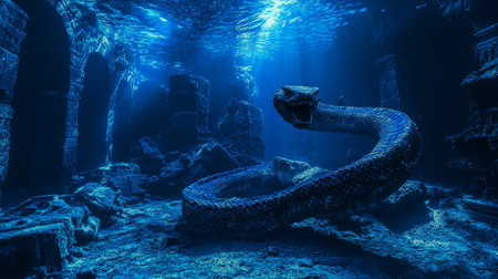 3D Illustration of a snake in the deep blue water.の写真素材