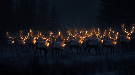 Flock of deers in the dark forest at night. 3D renderingの写真素材