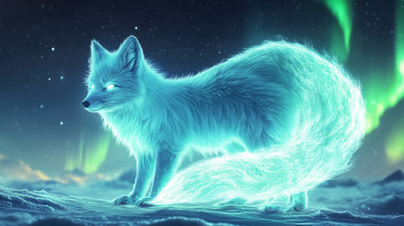 Illustration of an arctic fox in a snowy landscape with aurora borealisの写真素材