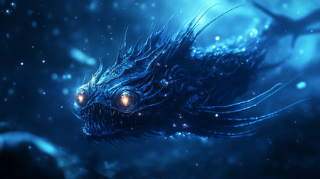 3D rendering of a fantasy dragon in a dark space with starsの写真素材