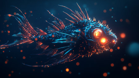 3D illustration of a fish in neon light, close-upの写真素材
