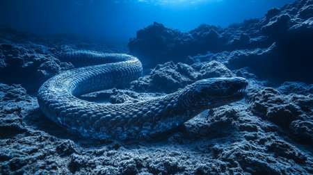 snake in deep blue water - 3d illustration of a snakeの写真素材