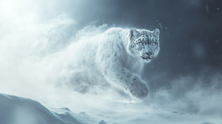 White snow leopard running in the snow. 3d illustration.の写真素材