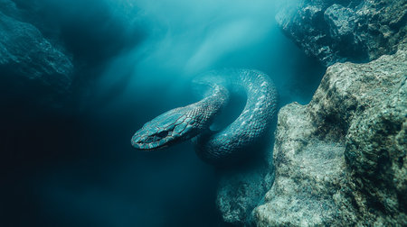 Close-up of a snake swimming in the water. Dark backgroundの素材