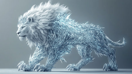 3d rendering of a white lion with blue fur on a gray backgroundの写真素材