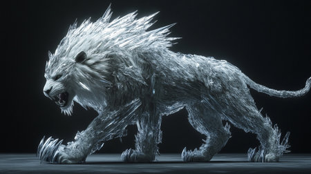 3d rendering of a white lion in the dark with light effectsの写真素材