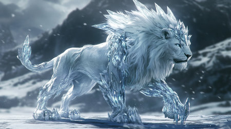 3D rendering of a white lion standing in the snow, winter landscapeの写真素材