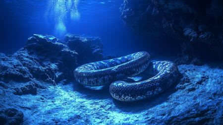3D render of a snake in deep blue water.の写真素材