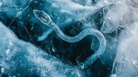 A closeup shot of a snake in the ice on Lake Baikalの写真素材