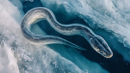 3d rendered illustration of a snake in the ice of Lake Baikalの写真素材
