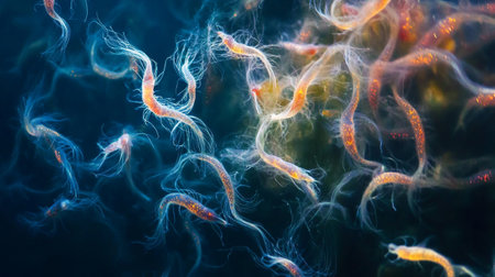 A group of spermatozoons floating in the waterの写真素材