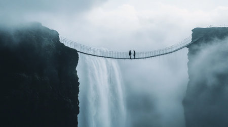 Silhouette of people standing on a suspension bridge over a waterfall in the fogの写真素材
