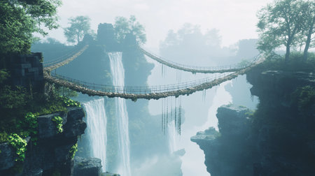 Suspension bridge over the river in the mist, Thailand.の写真素材