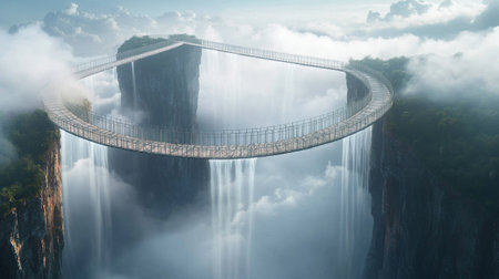 Bridge over the river in the misty morning. 3d renderingの写真素材