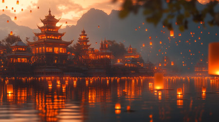 Beautiful temple in the lake at sunrise time.の写真素材