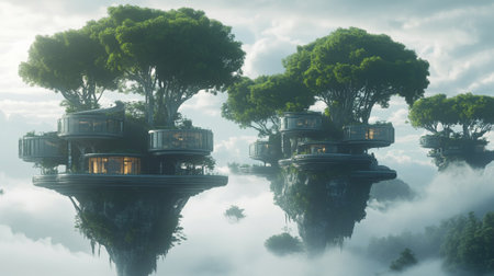Fantasy landscape with lake, house and trees. 3d renderingの写真素材