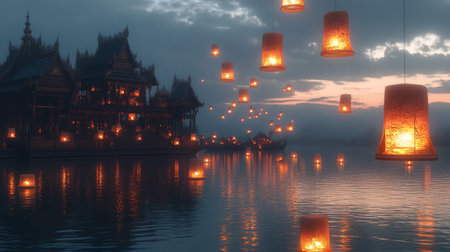 Lanterns floating in the lake with a temple in the backgroundの写真素材