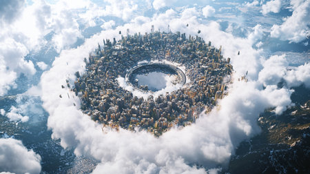 Aerial view of planet Earth with skyscrapers and clouds.の写真素材