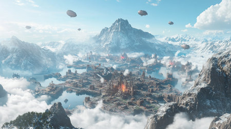 Fantasy alien planet. Mountain and lake. 3D illustration.の写真素材