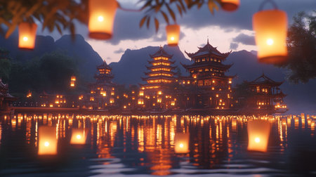Hangzhou West Lake night view with lanterns and Chinese buildingsの写真素材
