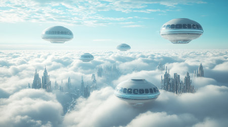 Futuristic city and UFO flying above the clouds. 3D renderingの写真素材