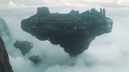 Fantasy alien planet. Mountain in the clouds. 3d renderingの写真素材