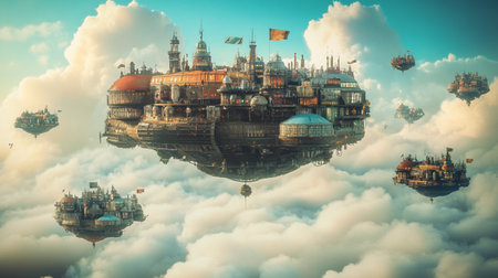 Fantasy landscape with fairy tale castle in the clouds. 3d renderingの写真素材