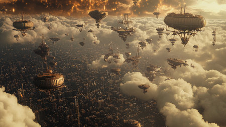 Fantasy alien city with flying saucers. 3d renderingの写真素材