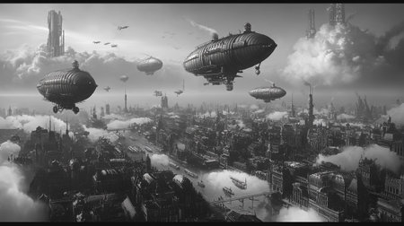 Airship flying over the city. 3D rendering. Computer digital drawing.の写真素材