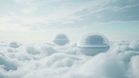 3D render of a futuristic landscape with skyscrapers in the cloudsの写真素材