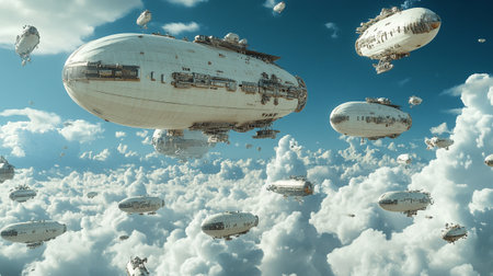 Airship in the sky with clouds. 3d render illustration.の写真素材