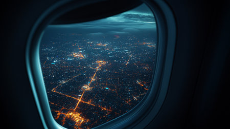 Airplane window view of the city at night. 3D renderingの写真素材