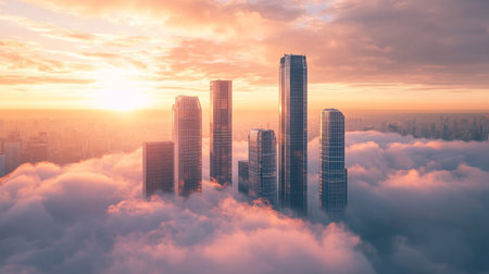 Aerial view of skyscrapers in the clouds at sunset.の写真素材