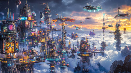 Fantasy alien city in the clouds. 3d render illustration.の写真素材