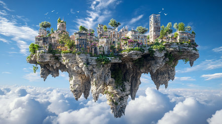 Apartment complex on the cliff in the clouds. 3d renderingの写真素材