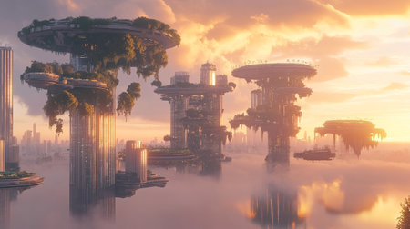 3D rendering of a futuristic city with skyscrapers at sunsetの写真素材