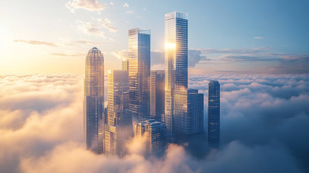 3D render of skyscrapers and high-rise buildings in the cloudsの写真素材